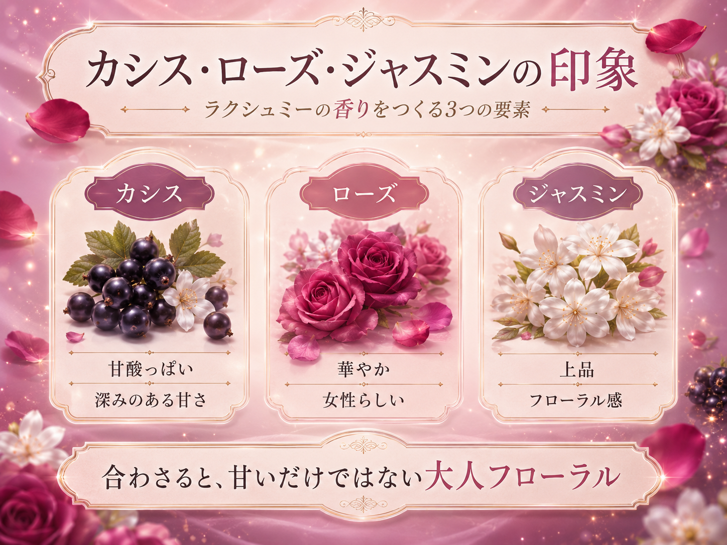 ラクシュミーを構成するカシス、ローズ、ジャスミンの香りの印象を3つのカードで整理した図