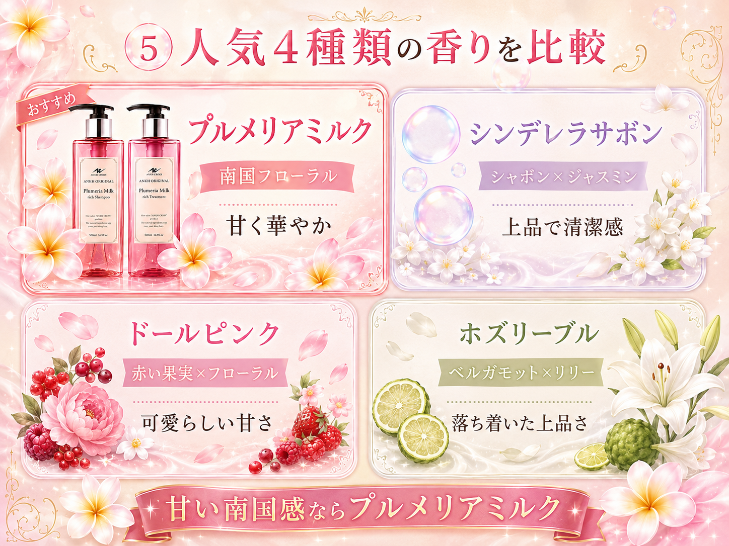 プルメリアミルク・シンデレラサボン・ドールピンク・ホズリーブルの香り比較