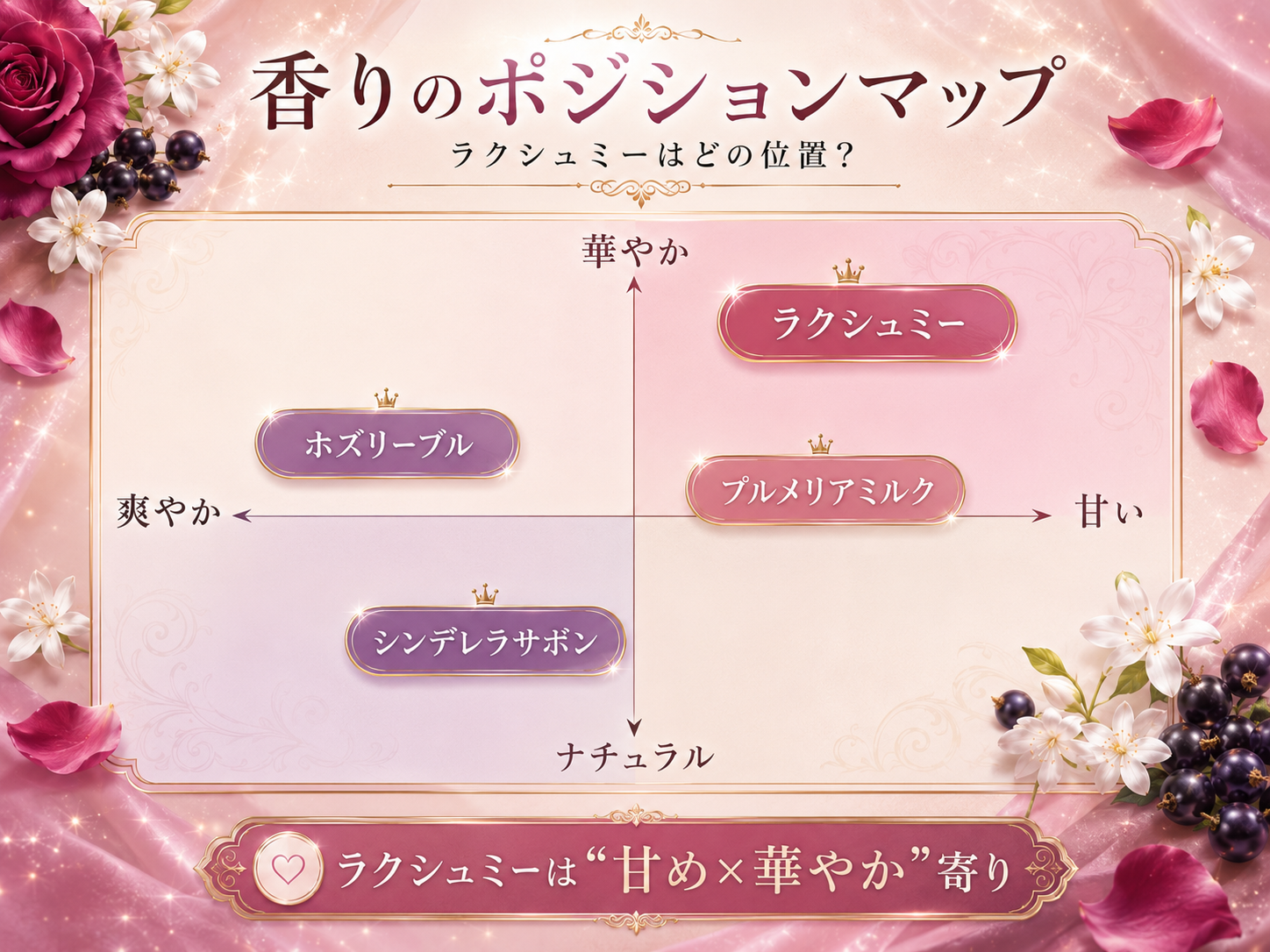 ラクシュミーなど4種類を爽やかから甘い、ナチュラルから華やかの2軸で配置した香りポジションマップ