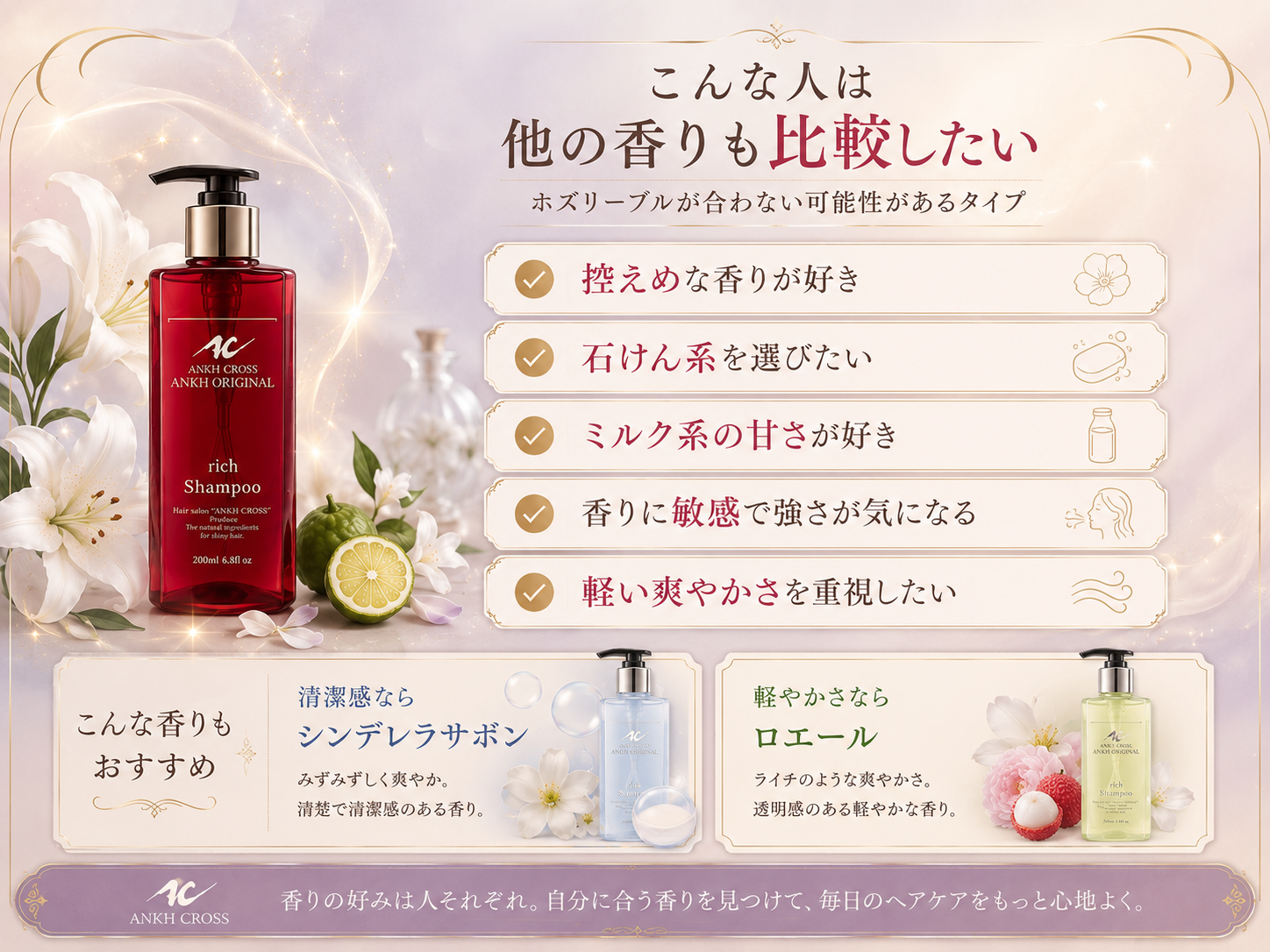 控えめな香りや石けん系、軽い爽やかさを好む人は他の香りも比較したいことを示した画像
