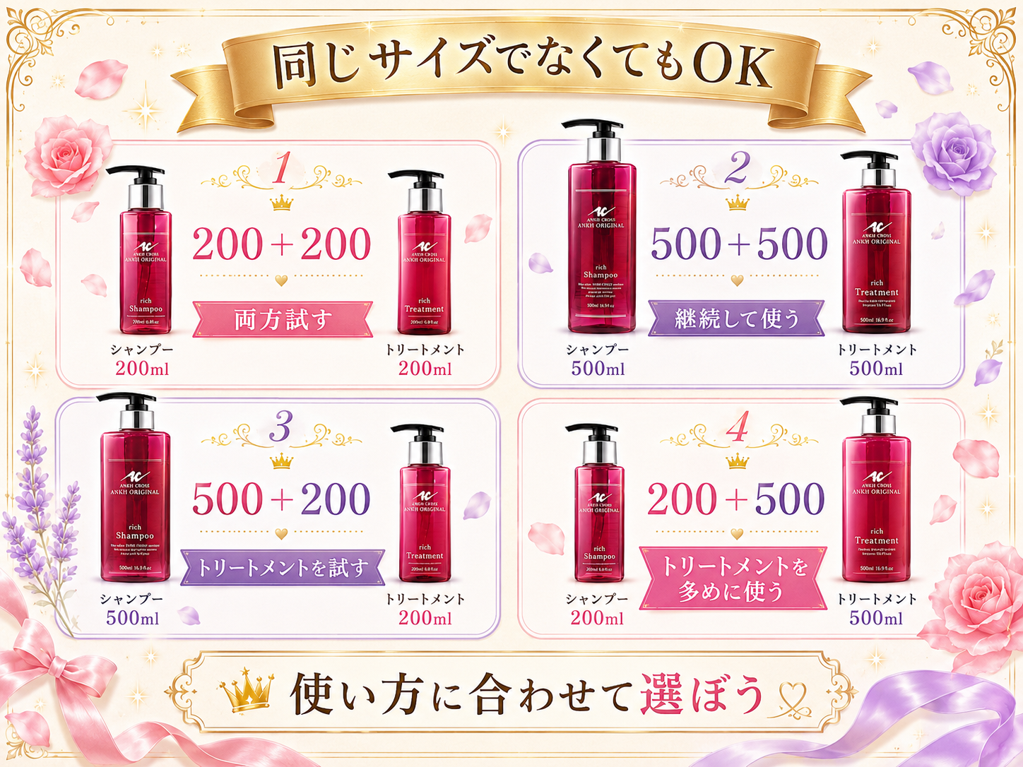 アンククロスのシャンプーとトリートメントを200mlと500mlで組み合わせる4パターン