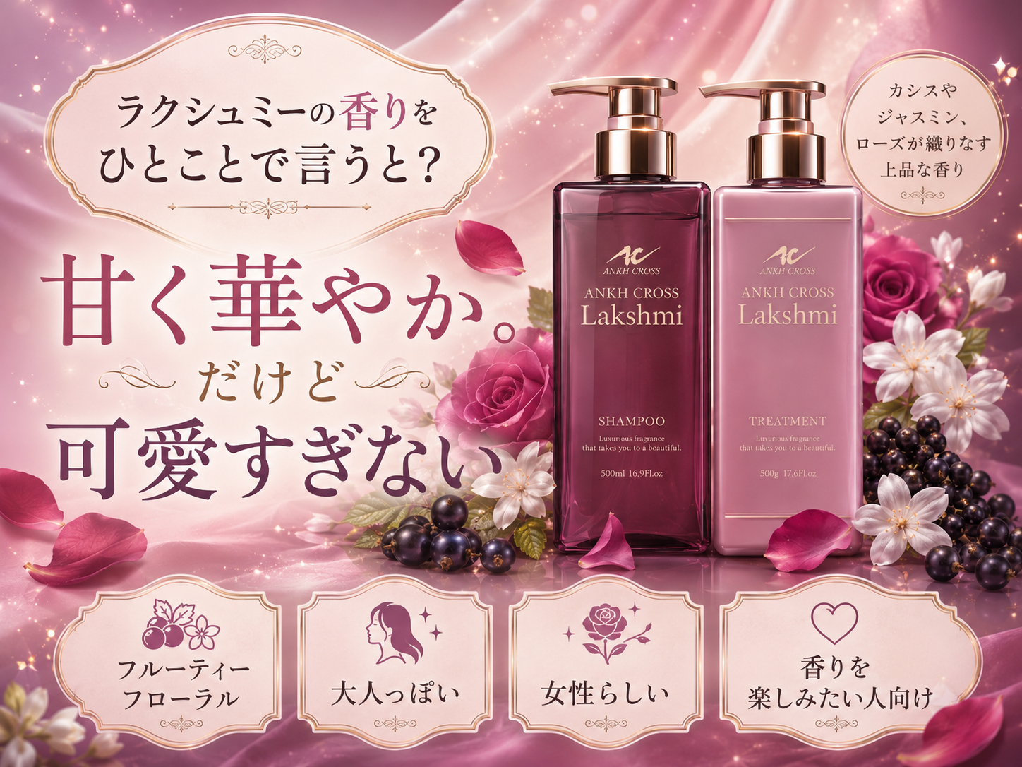 アンククロスのラクシュミーのボトルとカシス、ローズ、ジャスミンで表した甘く華やかで大人っぽい香りの印象