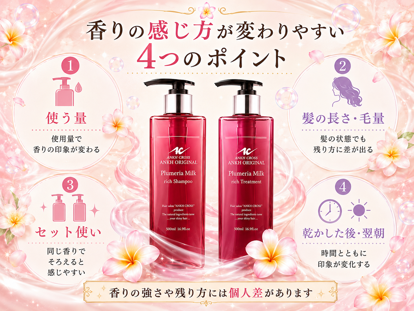 プルメリアミルクの香りの感じ方が変わる使用量・髪の長さ・セット使い・時間の4項目