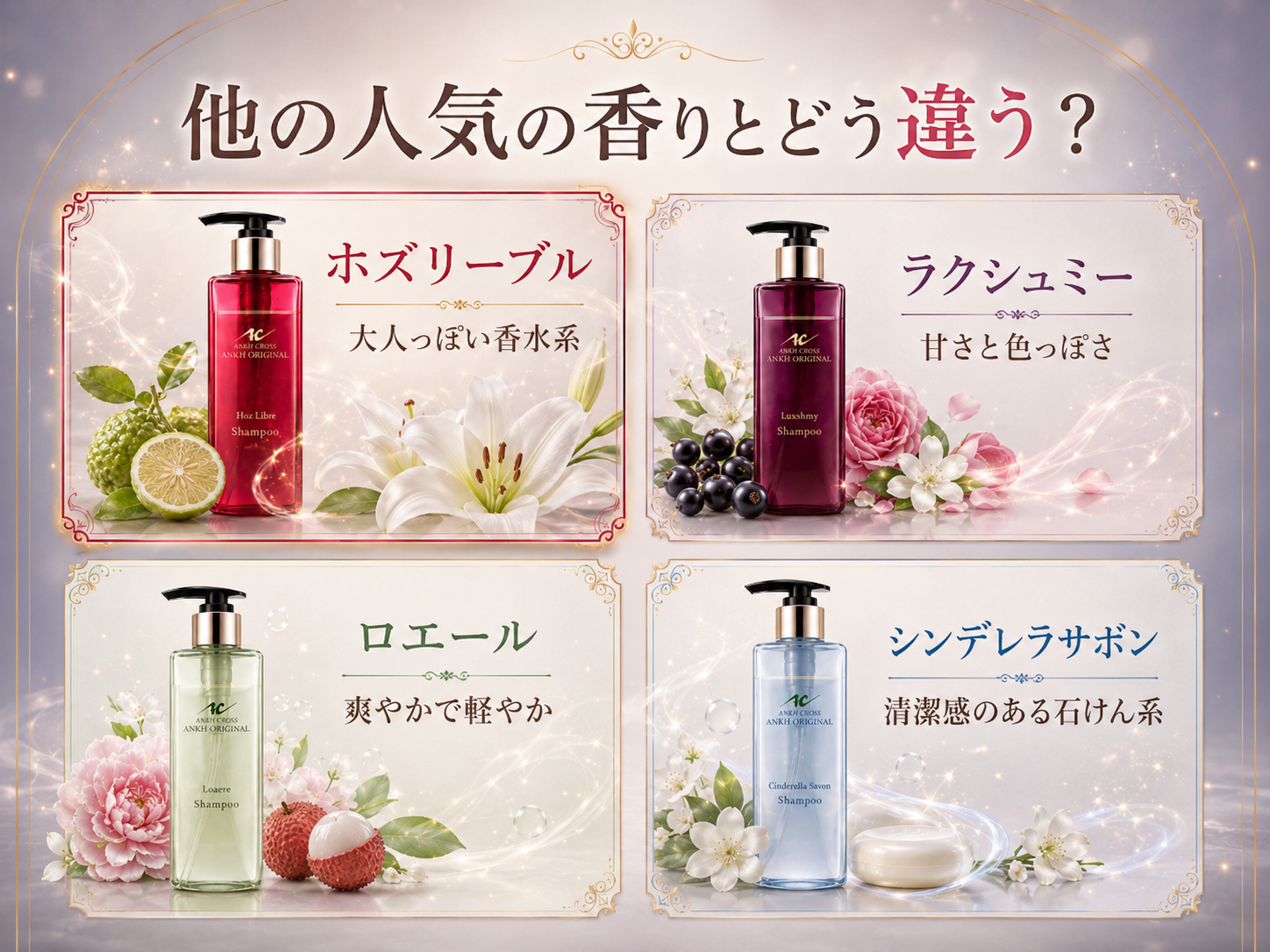 ホズリーブル、ラクシュミー、ロエール、シンデレラサボンの香りの違いを比較した画像
