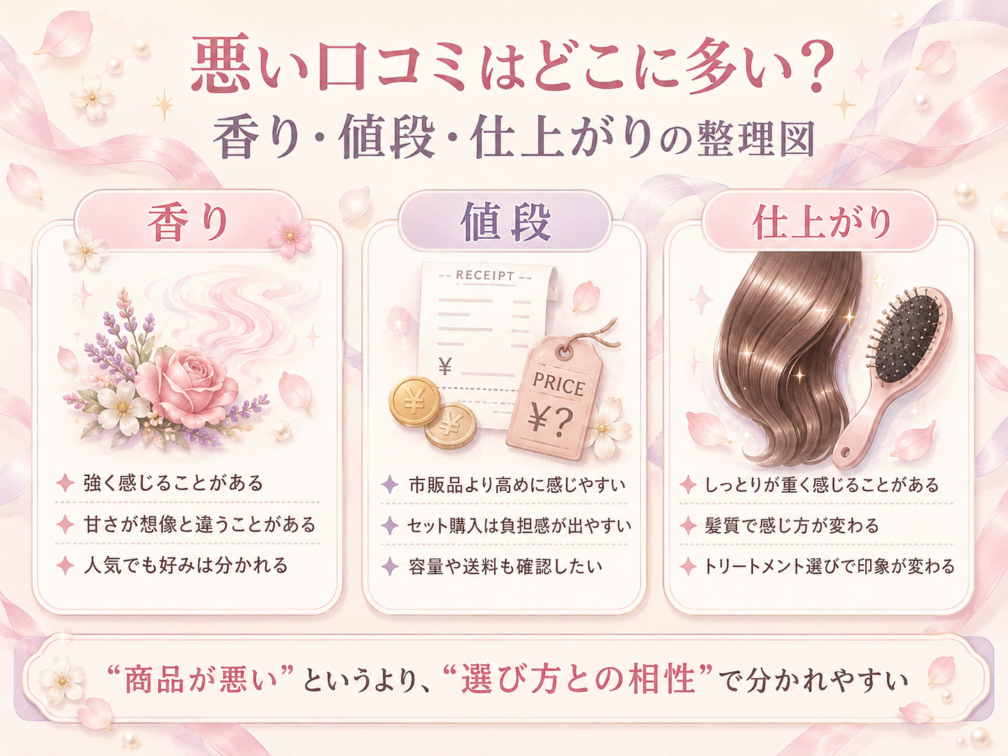 アンククロスの悪い口コミを香り・値段・仕上がりに分けて整理した図