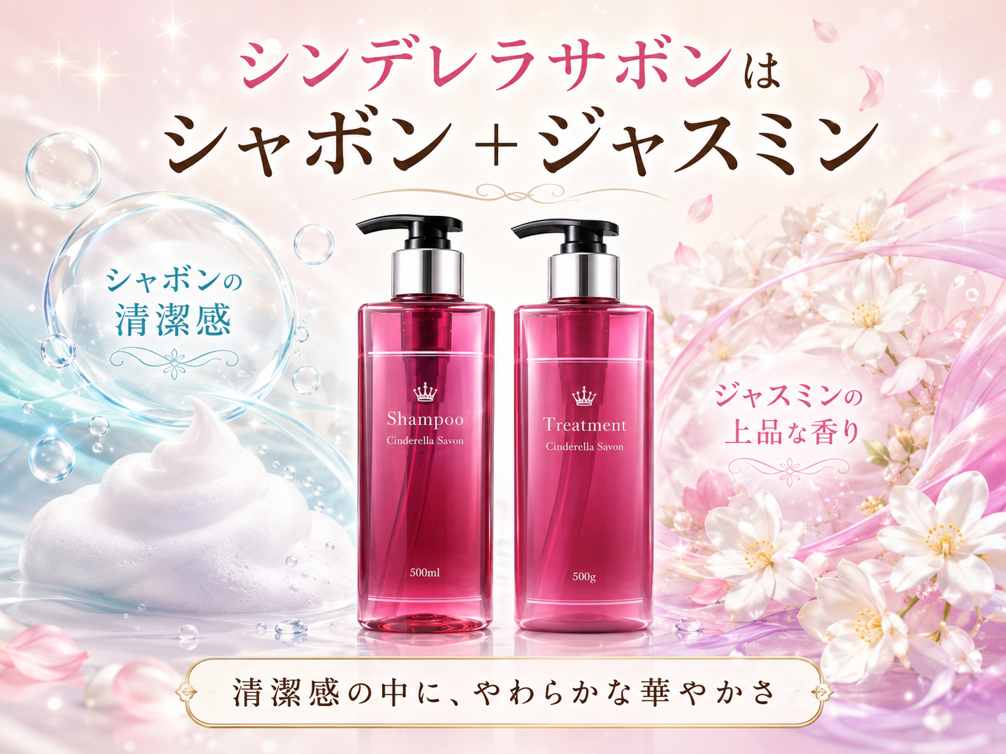 アンククロスのシンデレラサボンをシャボンの清潔感とジャスミンの華やかさで表した図解