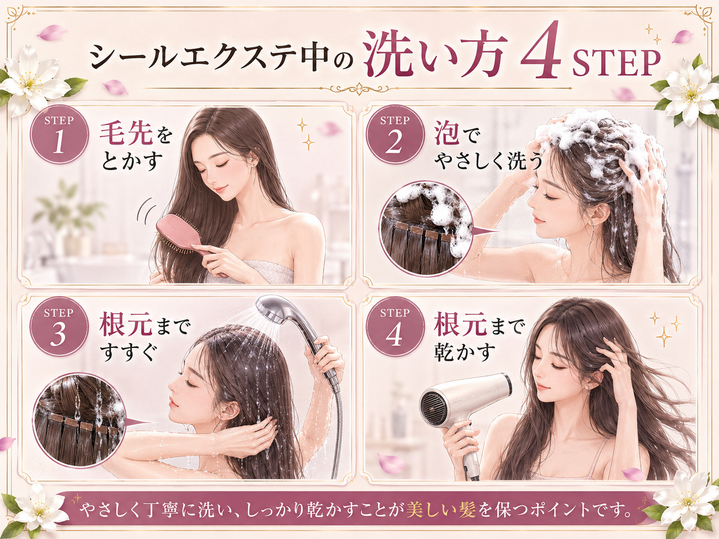 シールエクステ中のシャンプーの洗い方を4ステップで解説
