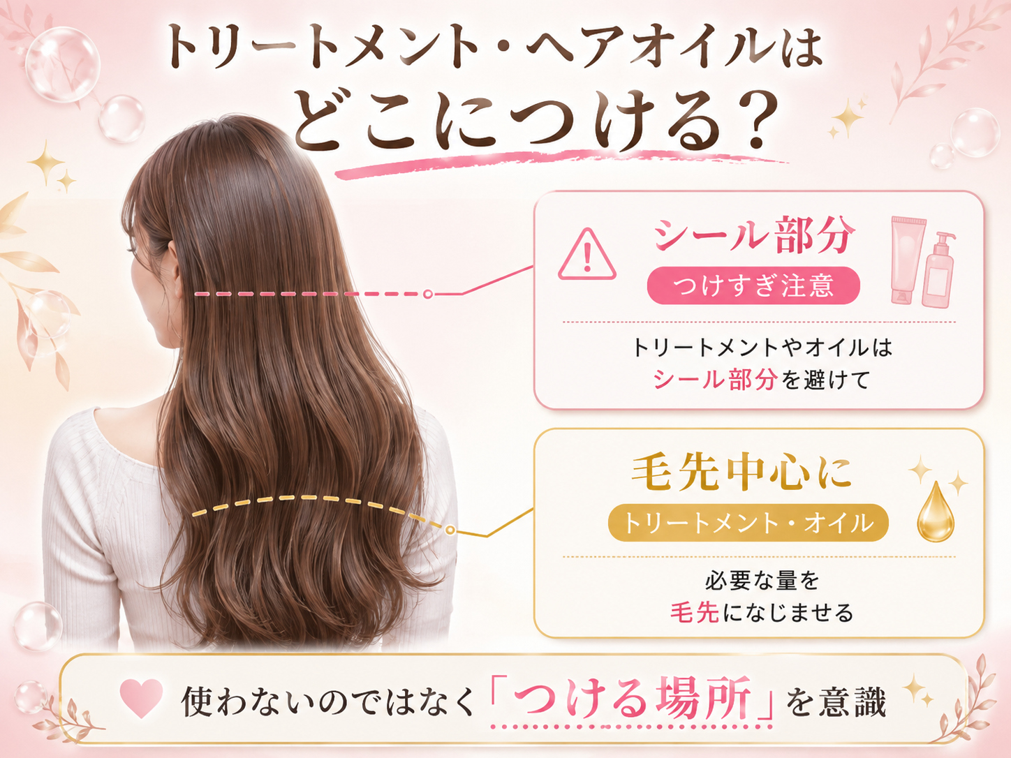 シールエクステにトリートメントとヘアオイルをつける位置｜シール部分を避けて毛先中心