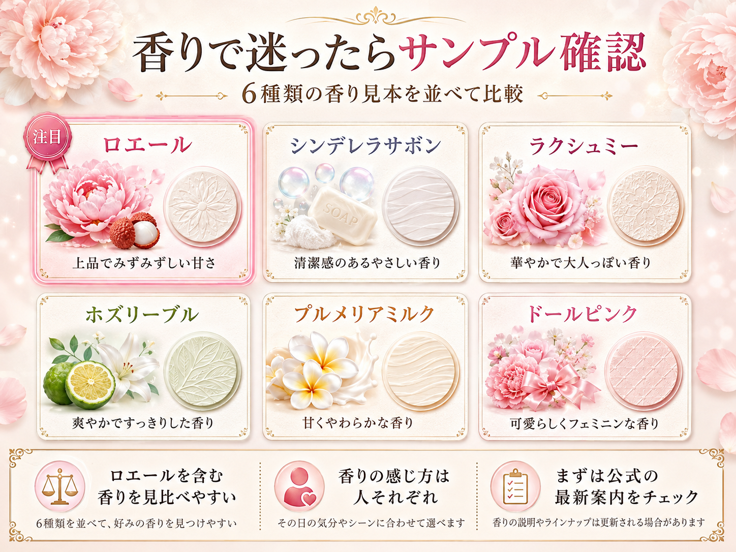 アンククロスのロエールを含む6種類の香り見本を比較するイメージ